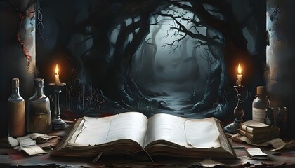 Wall Mural - Dark Ominous Background with Realistic Open Ledger Book