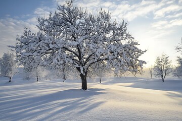 Wall Mural - Snow covered tree in winter landscape,  winter scenery, frosty tree branches, idyllic peaceful nature