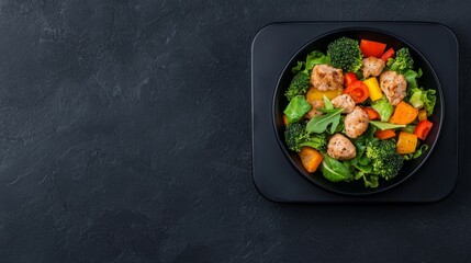 A colorful dish featuring chicken and a variety of fresh vegetables, presented in a black bowl on a dark surface, emphasizing healthy dining.