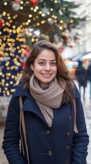 A cheerful woman stands in a bustling city adorned with Christmas lights and decorations