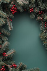 Poster - Festive holiday wreath adorned with pinecones and red berries on a green background