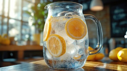 Wall Mural - A refreshing pitcher of lemonade with ice and lemon slices, perfect for hydration.