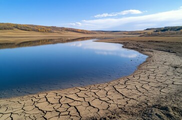 Dry landscape with cracked earth near a receding lake under a bright blue sky