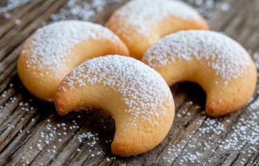 Freshly baked crescent-shaped cookies on a rustic wooden table with powdered sugar and cream