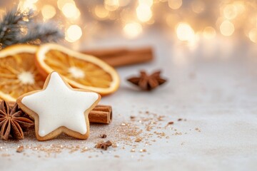 Delicious star-shaped cookie surrounded by festive decorations on a cozy winter evening