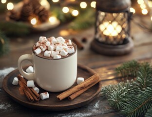 Cozy winter drink with marshmallows served near festive lights and pine decorations