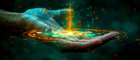 An open hand projects a glowing halo upwards that throws a hologram of brilliant technological information with two coins