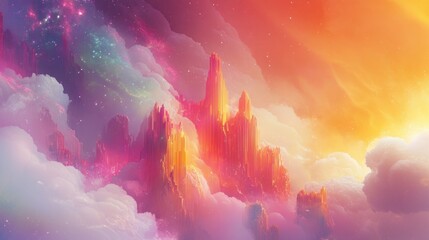 Poster - Abstract Cityscape Emerging from Clouds in a Colorful Sky