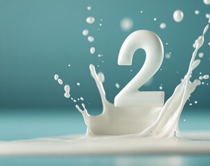 Splash of milk with the number two against a bright blue background