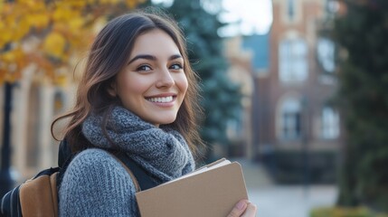 Woman, portrait and outdoor happiness at university, books for education or learning on campus. Female student, smile and notes for knowledge at college, academy scholarship for school in Canada