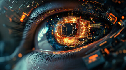 Wall Mural - A robotic eye with a microchip iris. surrounded by intricate. glowing circuitry patterns. 