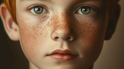 Wall Mural - A close-up portrait of a young boy with freckles and green eyes. He looks directly at the camera with a serious expression.