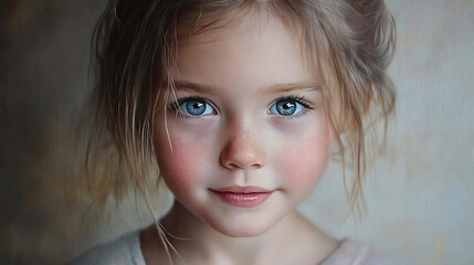 Wall Mural - Portrait of a young girl with big blue eyes and rosy cheeks, looking directly at the camera with a sweet smile.