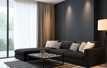 Wall Mural - Modern living room with black and white design featuring comfortable seating and natural light