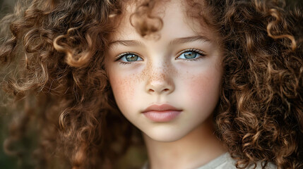 Wall Mural - Close-up portrait of a young girl with curly brown hair and bright green eyes.