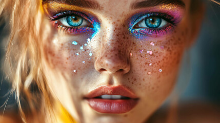 Closeup of a woman's face with freckles and colorful makeup.