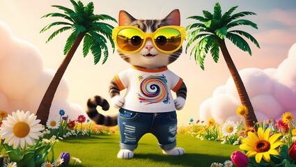 Cool cat standing like a person, wearing a t-shirt and jeans, with a sunset background, two palm trees in a flower garden.