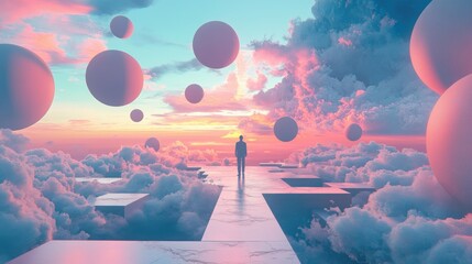 Canvas Print - Solitary Figure on a Platform in a Dreamlike Sky with Giant Spheres