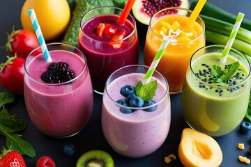 Refreshing Fruit and Vegetable Juice Smoothies with Colorful Toppings and Assorted Flavors for Summer