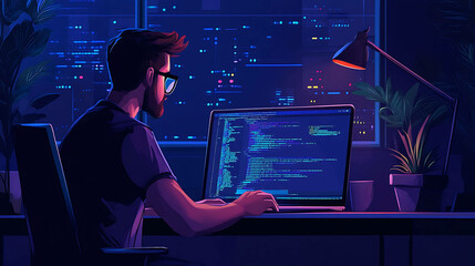 A man is sitting at a desk with a laptop, working late into the night.