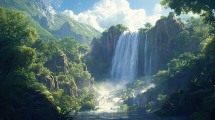 Poster - Lush Rainforest Waterfall Cascading Down a Mountainside