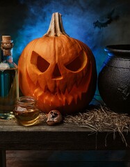 The image displays a carved pumpkin with a menacing grin, placed on a wooden surface, surrounded by various Halloween decorations.