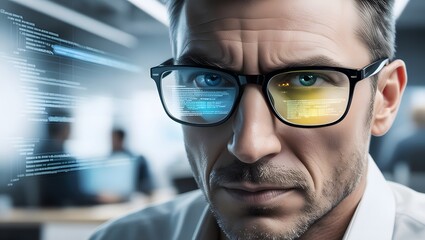 Data reflecting on eyeglasses on man's face. Computer programmer big data and ux designer concept.