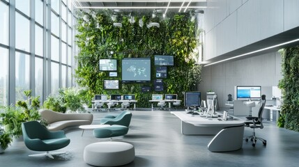 Canvas Print - Modern Office Interior with Green Wall and City Views