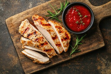 Barbecued turkey or chicken fillet in red sauce sliced and presented on a wooden board with a brown stone backdrop