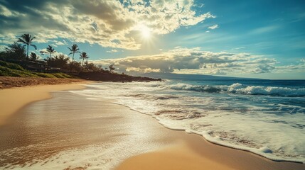 Wall Mural - Tranquil Hawaiian Beach Scene with Palm Trees, Ocean Waves, and a Sunny Sky