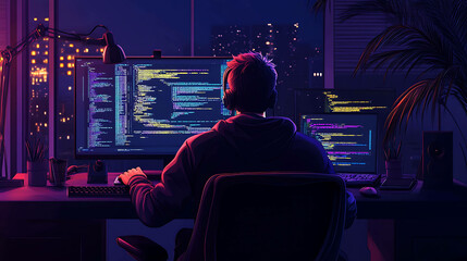 A man sits in a dark room with a large monitor and a laptop, both displaying code.