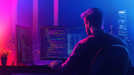A man coding in front of two monitors in a dark room.