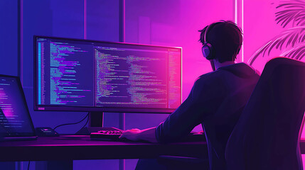 A programmer working late at night, illuminated by neon lights, with code visible on the screen.