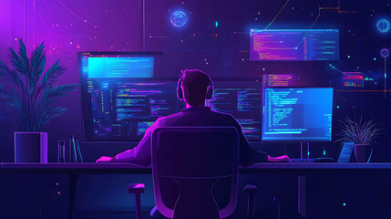A programmer working late at night, coding on multiple computer monitors.