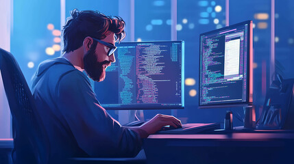 A digital illustration of a man working on a computer with code on the screen.