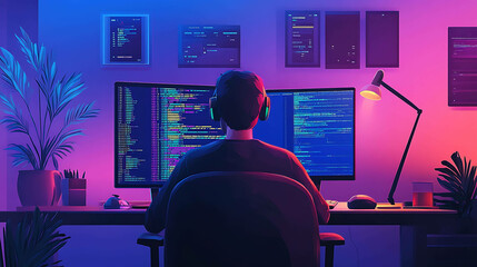 A programmer sits at a desk in a dimly lit room working on code.