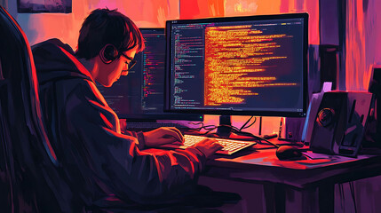 A young man coding on his computer late at night.