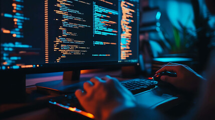 A person coding on a computer late at night, with the screen displaying lines of code.
