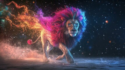 Wall Mural - A Majestic Lion With Cosmic Mane Amidst A Starry Night