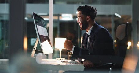 Canvas Print - Business, man and finance success on computer in office with celebration, statistics report and financial growth. Male analyst, achievement and sales graph, review investment and profit inflation