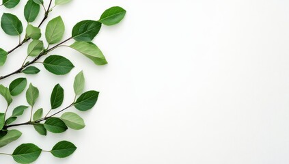 Wall Mural - Fresh green leaves arranged on a white background for a minimalist aesthetic