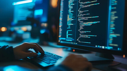 A programmer working late at night, typing code on a keyboard.