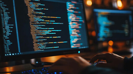 Close-up of a programmer's hands typing code on a keyboard.