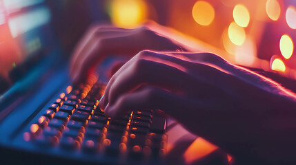 Wall Mural - close-up of hands typing on a keyboard with a colorful, blurred background.