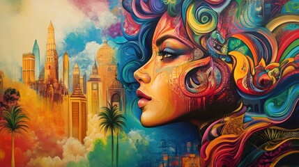 Wall Mural - Abstract Portrait with Cityscape and Palm Tree