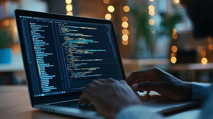 Person working on a laptop with coding visible on the screen.