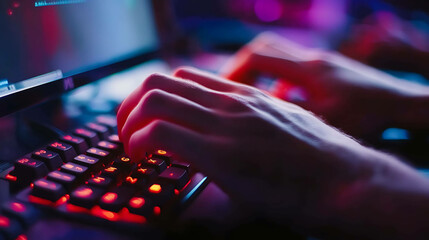 Wall Mural - close-up of hands typing on a glowing keyboard.