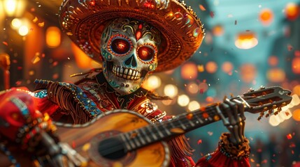 Musical Skeleton Celebrating Day of the Dead in Colorful Illustration