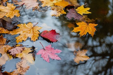 Sticker - Autumn leaves floating on water, nature background