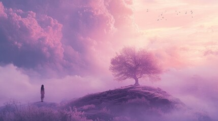 Poster - Solitary Figure in a Dreamlike Landscape with a Tree and Pink Clouds